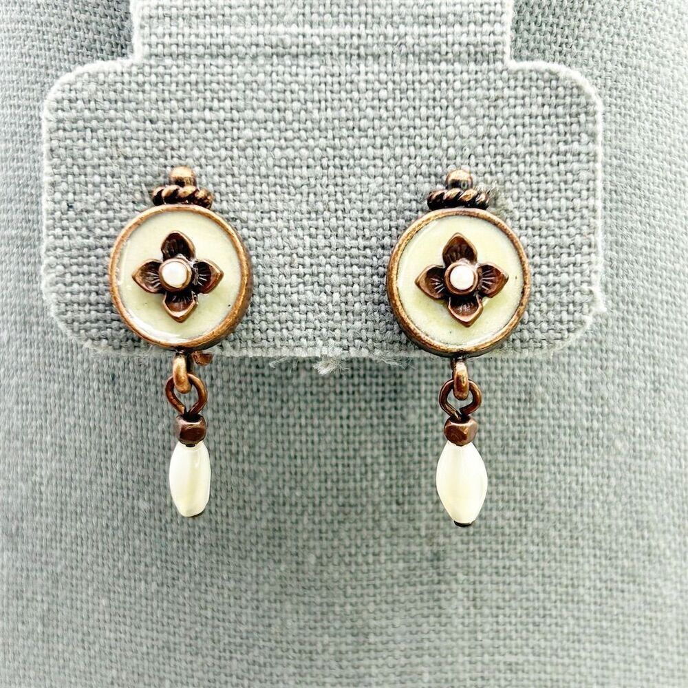 Vintage Avon Floral Copper Clip-On Dangle Earrings with Faux Pearl Classic
